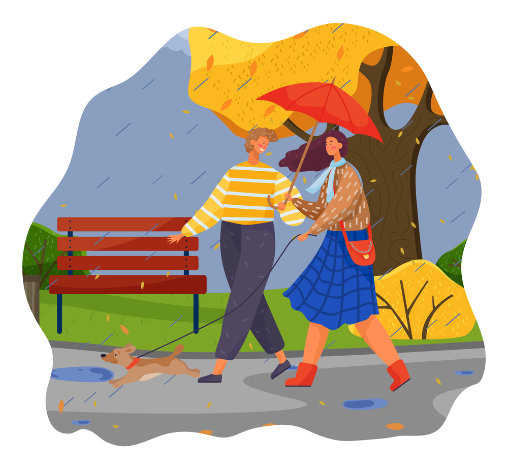 Autumn, couple of happy girl and guy with umbrella walking in park under rain with dog at leash, young adult people enjoy of rainy weather, outdoors activity, gloomy, overcast cloudy day, leisure. Autumn, couple of happy girl and guy with umbrella walking in park under rain with dog at leash