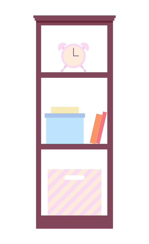 Vector simple icon of bookcase with alarm clock, boxes, books, striped package decor. Shelves with decoration isolated at white. Design of wooden furniture for office using, for home. Home library. Vector flat simple icon of bookcase with alarm clock, boxes, books, striped package decoration