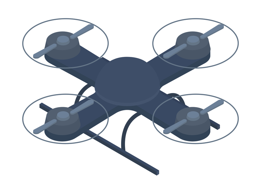 Drone icon isolated at white, aerial robot, flying machine with propellers, air vehicle, quadrocopter. Modern technology flying machine for shooting video or for object tracking. Vector illustration. Drone icon isolated at white, aerial robot, flying machine with propellers, air vehicle quadrocopter