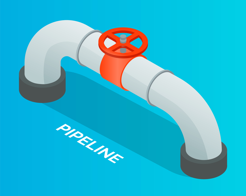Oil petroleum industry. Pipeline, isometric industrial symbol. Oil, gas or water flowing through pipe. Pipeline construction with valve isolated. Industrial system. Valve for open or close flow. Pipeline with red valve or wheel for open or closing flow of oil, gas or water, industrial system