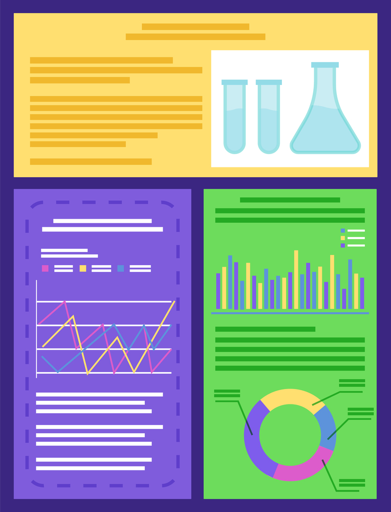 Chemical laboratory concept with instrumentation glassware, burners and fluids, infographic vector. Measurement experiments, reactions with acids and graphics. Chemistry lab beakers illustration. Flasks and Beakers, Infographics and Chemistry