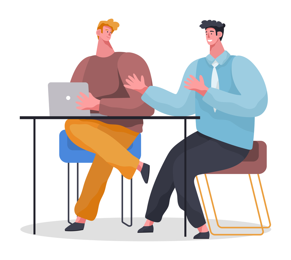 Teamwork, office workers, man with laptop sitting at table and talking with friend, colleagues discussing work, strategy, people working, partners, project managers, businesspeople communication. Teamwork, office workers, man with laptop sitting at table talk with friend, colleagues discussing