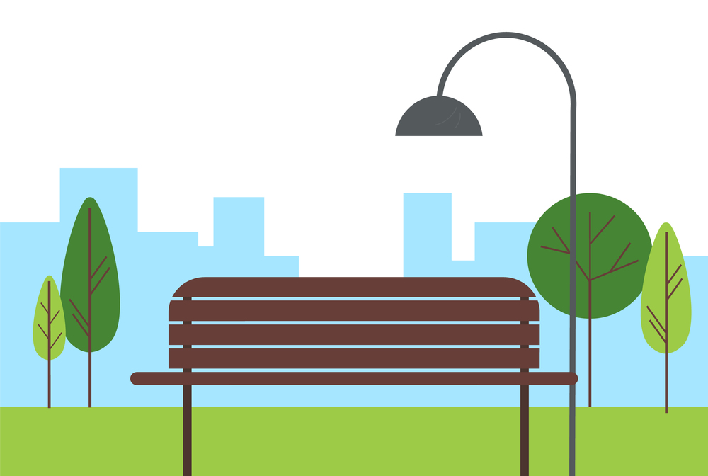 City park, cityscape. Wooden or metal brown bench. Street grey lamp, green bushes and trees. Houses and buildings in the background. Natural landscape flat modern linear style. Urban park design. City green park, bench, street lamp, trees. Buildings in the background. Flat illustration