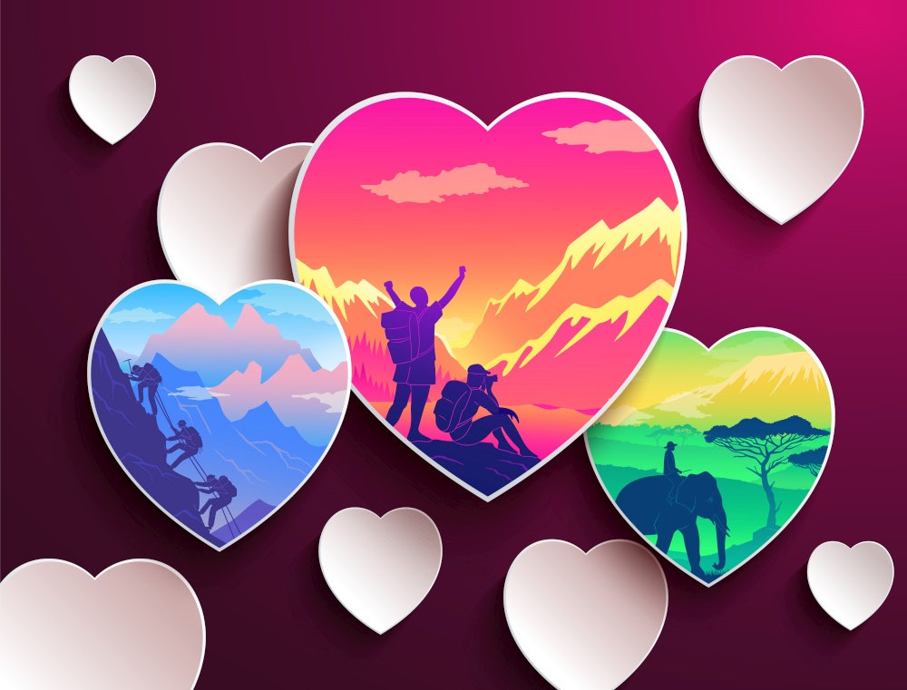 People love traveling. Heart shapes with silhouettes of tourists. People hiking at mountain. Traveler with backpack and man with camera conquer peak of mountain Man travel riding at elephant in Africa. People love traveling, heart shapes with silhouettes of tourists, hiking, mountain, riding elephant