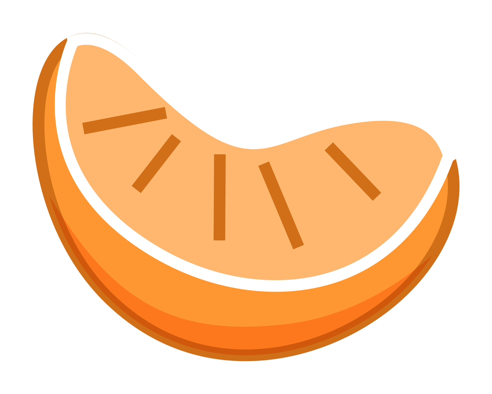 Orange piece or mandarin, slice of citrus, sweet summer fruit isolated at white, simple vector icon, fresh eco natural organic product, diet, vegeterian, ripe juicy food, vitamins, healthy eating. Orange piece or mandarin, slice of citrus, sweet summer fruit isolated at white, simple vector icon