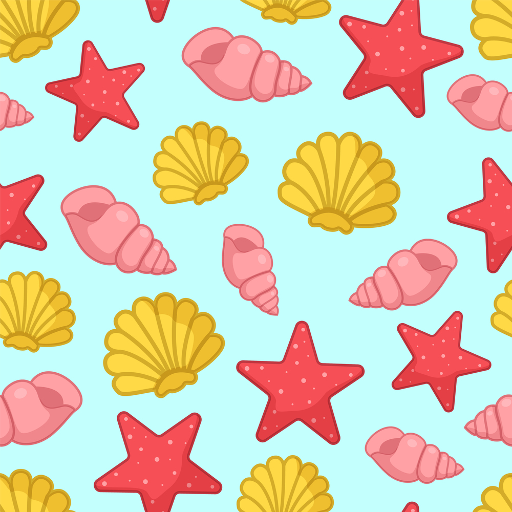Seamless pattern with aquatic nautical shellfish, coral star, starfish, shell, mollusk, sea or ocean design, symbols, cool design for wrapping, packaging, wrapper, print, tropical concept, marine life. Seamless pattern with aquatic nautical shellfish, coral stars, shell, mollusk, sea or ocean design