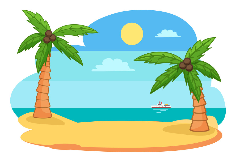 Tropical exotic view with island, shore or beach and palm trees, sea or ocean with ship, skyline and sun, travel or journey to exotic country, leisure time, holidays, season for swimming, summertime. Tropical exotic view with island, shore or beach and palm trees, sea or ocean with ship, sky and sun