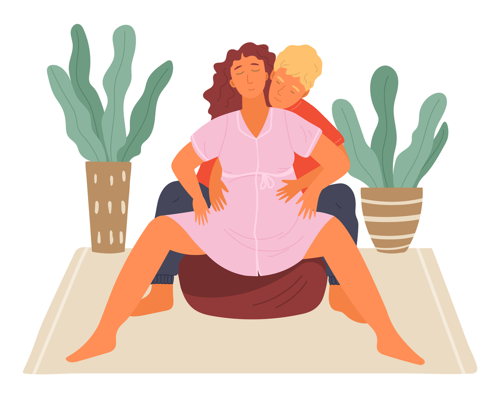 Birth position technique on fitball, man husband help pregnant woman during birth pains, female with belly spread legs wide, comfortable posture for birthing, useful illustration, partner help wife. Birth position technique on fitball, man husband help pregnant woman wife during birth pains
