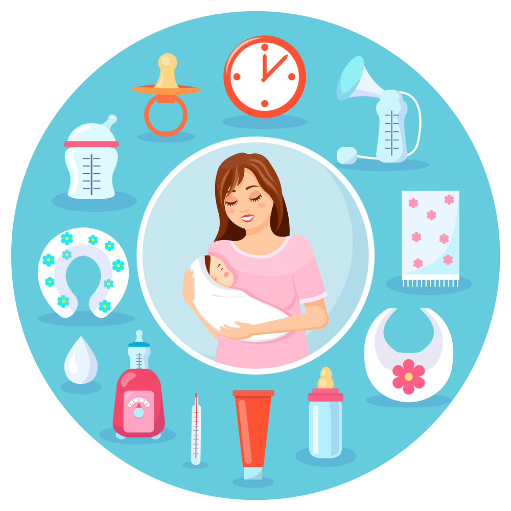 Mother with newborn baby in hands. Clock, breast pump, plaid, bib, baby bottle, cream, thermometer, device for heating, drop, toilet cover, measuring bottle, nipple. Instruments for baby s life. Mother with newborn baby in hands, equipment for baby s life, collection of daily using tools
