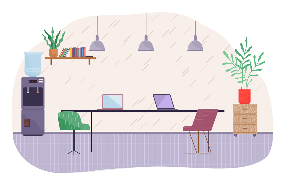 Desk, two laptops, green and pink chairs, tiled floor, office cupboard with drawers, lush potted plant, water cooler, bookshelf, flower, ceiling light shades. Office room, shapeless frame, on white. Office cabinet, table, chairs, laptops, water dispenser, bookshelf, lighting. Cozy office environment