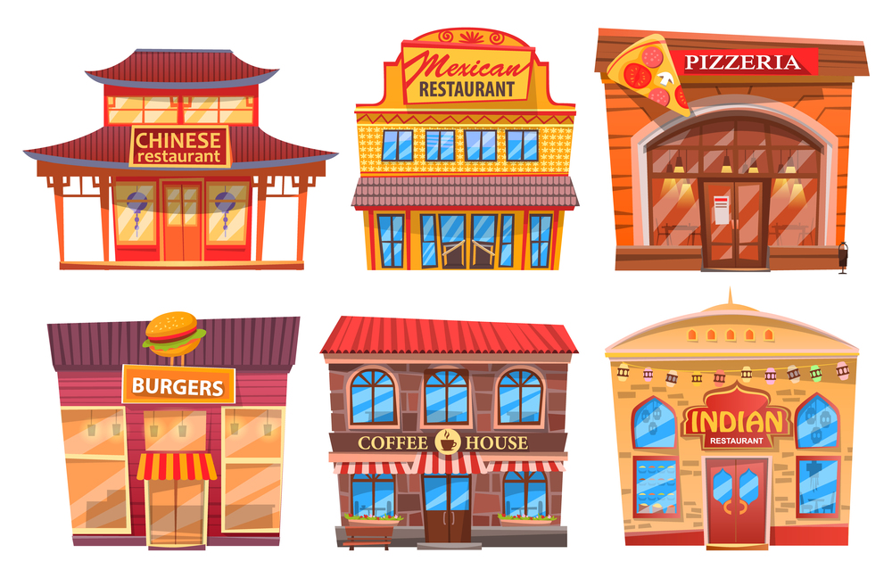 Set of dining public buildings. Cartoon Chinese restaurant with pagoda, Mexican cafe, pizzeria, burger, coffee shop, Indian cuisine. Stylized building with traditional cuisine of world nationalities. Set of restaurants and cafes with Italian, Chinese Indian, American, Mexican cuisine. Food an drinks