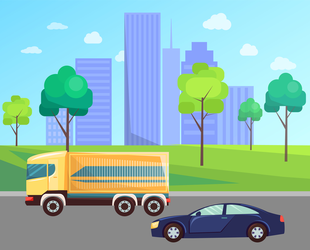 City transport, car and yellow truck on road. Highway with colorful vehicles. Urban landscape with modern infrastructure, skyscrapers and business centre vector. City Transport Car and Truck on Highway Vector
