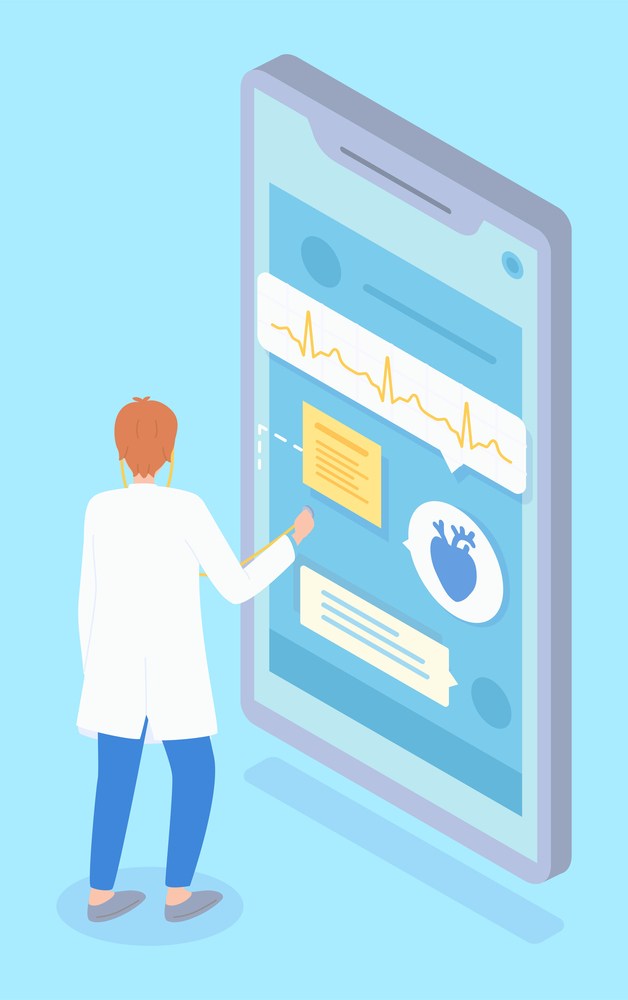 Isometric illustration of online medicine service. Cardiologist examines patient online, heart diagram with heart problems. Remote medical consultation with physician or cardiologist. Flat image. Online smartphone cardiology consultation. Asking therapist about hearth problem. Remote assistance