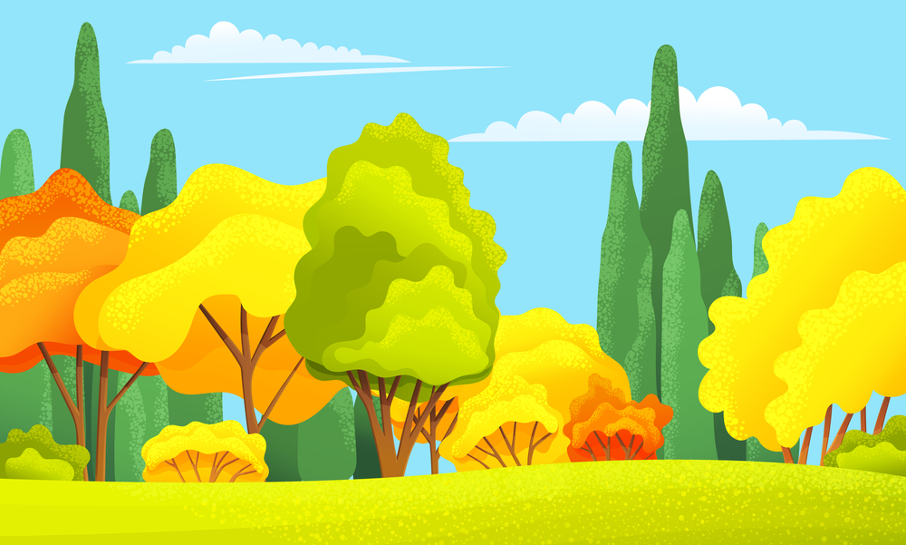 Autumn forest beautiful landscape with orange, yellow, green trees, bushes, grass, forest or wood, view at autumn scenery, beauty of day nature, background concept, nobody, colorful flat illustration. Autumn forest beautiful landscape with orange, yellow, green trees, bushes, grass, autumn forest or wood, view