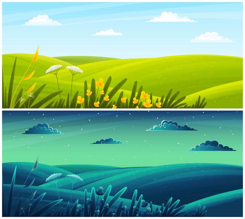 Meadow, field, grass, forest or field plants, stems. Clear sky. Image of natural landscape day and night. Illustrations separated by white stripe. Countryside, summertime. Flat cartoon illustration. Field plants, grasses, stems, summer field, lawn, countryside. Nature day and night. Vector design