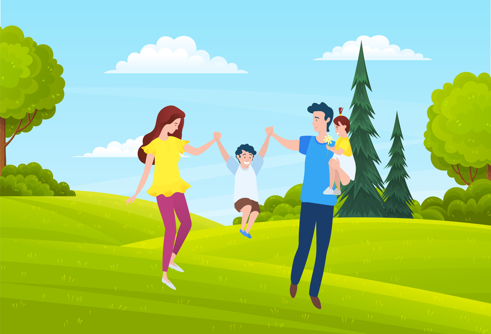 Happy family walks on light green lawn, field, trees, green deciduous bushes. Countryside, spring or summer time of year. Family spend time together. Cartoon design for banners, sites. Flat image. Father, mom and kid walk on countryside. Bushes, trees, summer landscape. Cartoon flat nature image