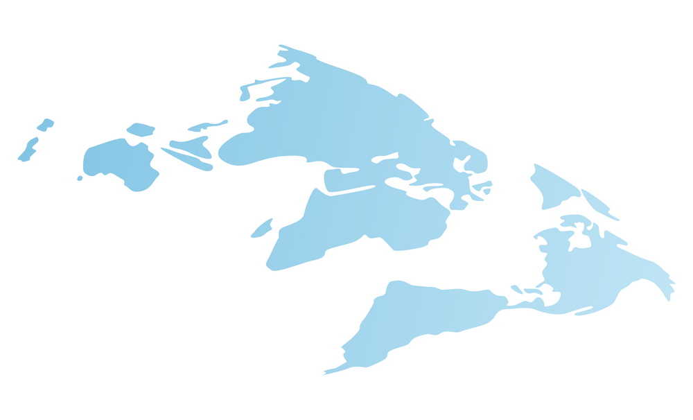 World map vector simplified image. Cartoon blue continents or mainlands. Illustration of a flat gradient blue globe rotated 45 degrees. Earth with countries of the world image. Flat presentation. World flat blue map. Image of continents. Earth with mainlands. Flat gradient vector illustration