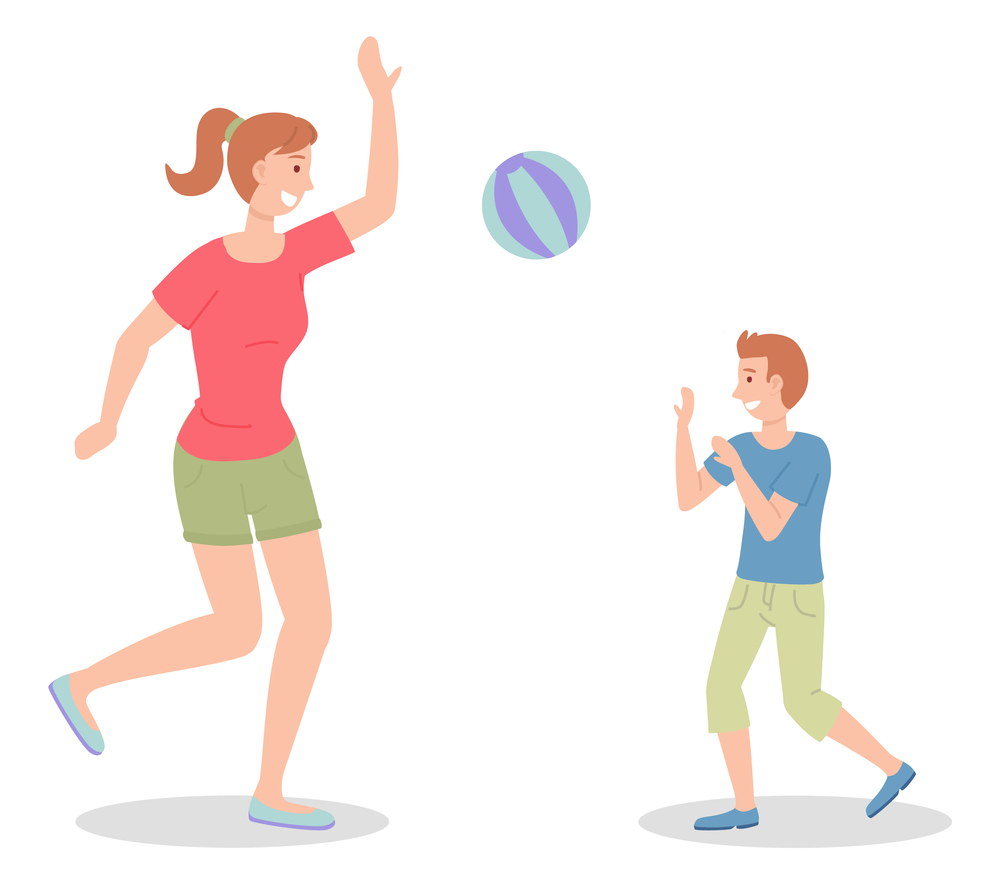Mom and son play the ball. Woman in shorts, boy in blue T-shirt. Beach volleyball. Family outdoor recreational activities. People actively relax, playing with the ball. Flat cartoon characters. Mom and son play the ball. Beach volleyball. Family outdoor activity. Flat illustration on white