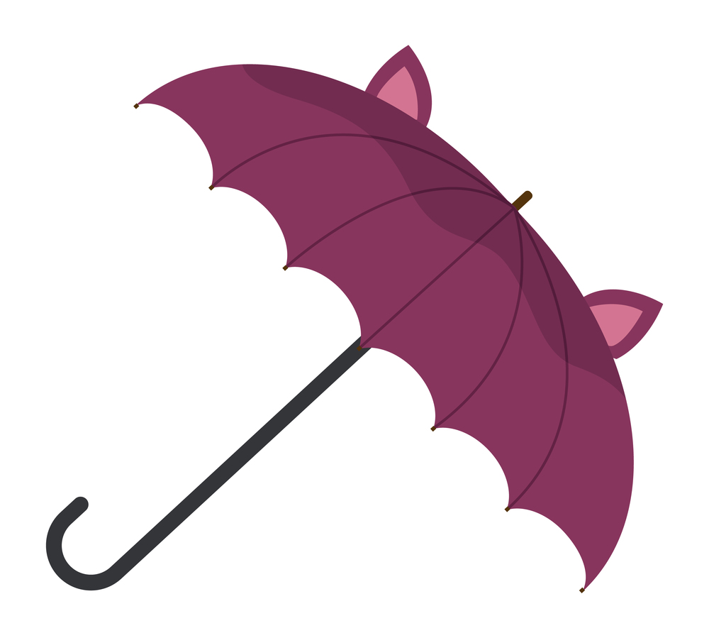 Children s purple funny umbrella with animal ears. Children s accessory for protection against rain. Funny cartoon umbrella with wooden or plastic handle. Rainy weather, drizzle, drip, rain. Children s funny purple umbrella with ears. Funny children s accessories for rainy weather
