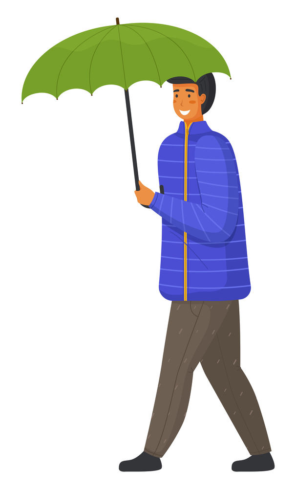 Rainy weather, young smiling man with umbrella isolated at white background, guy wearing warm clothes jacket and pants, walking young adult man with parasol, rainy outdoors, cartoon character. Rainy weather, young smiling man with umbrella isolated at white background, guy wear warm clothes