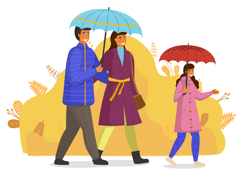 Family with umbrellas walking at abstract background, mother, father, daughter wearing warm clothes jacket and coat, young adults walk with little child, girl teenager walk with parents hold parasol. Family with umbrellas walking at abstract background, mother, father, daughter wearing warm clothes
