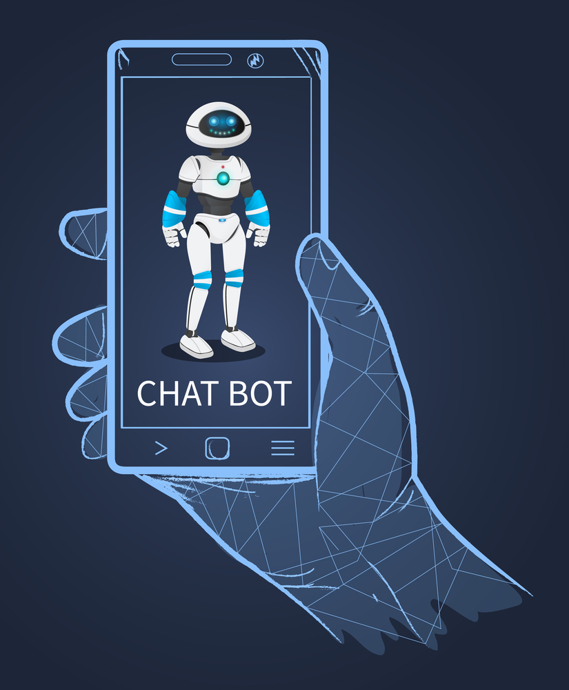Futuristic friendly smiling cyborg on smartphone screen in cyber polygonal dotted line hand. High tech artificial intelligence cyber smart chat bot. Hitech developed humanoid. Dark blue background. Smiling friendly futuristic cyborg on smartphone screen in cyber hand. Concept of chat bot