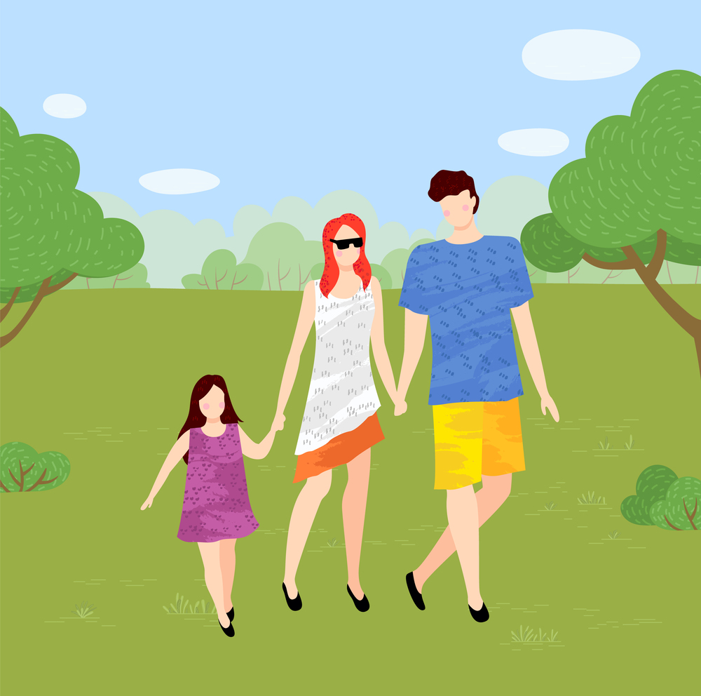 Young family walks in the park. Mom wears sunglasses, daughter with colorful dress, father wears shorts. Strolling park or forest. Young couple with child walking in wood and holding hands. Flat image. Mom, dad and little daughter walk in the park and hold hands. Woman in sunglasses. Greenery spaces