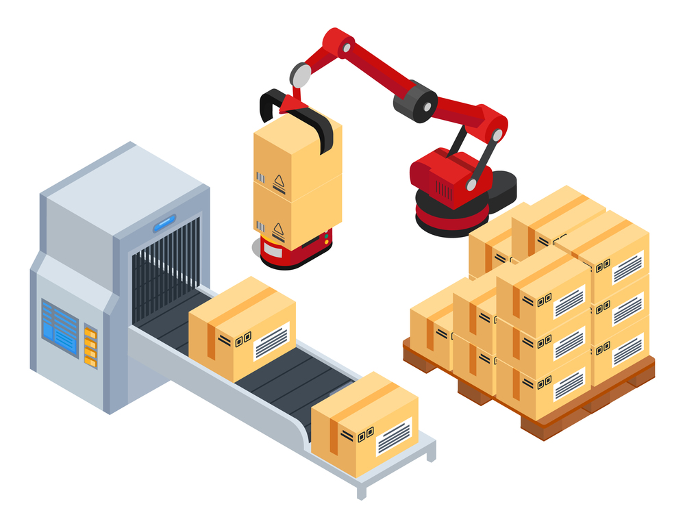 Isometric 3d picture. Robotic machine put boxes from conveyor belt at wooden pallet. Automatic robot packaging product into card boxes. Industrial engineering machine at factory, isolated at white. Industrial machine robot put boxes from conveyor belt at wooden pallet, automatic industrial robot