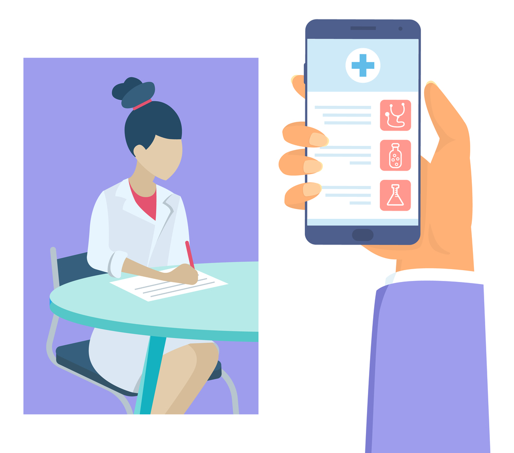 Online consultation with doctor. Hand holding phone with medical app. Remote medical consultation. Virtual medicine and online diagnostic. Distance medicine. Doctor writing diagnosis of patient. Medical app at smartphone, doctor sitting at table writing diagnosis of patient, distance help