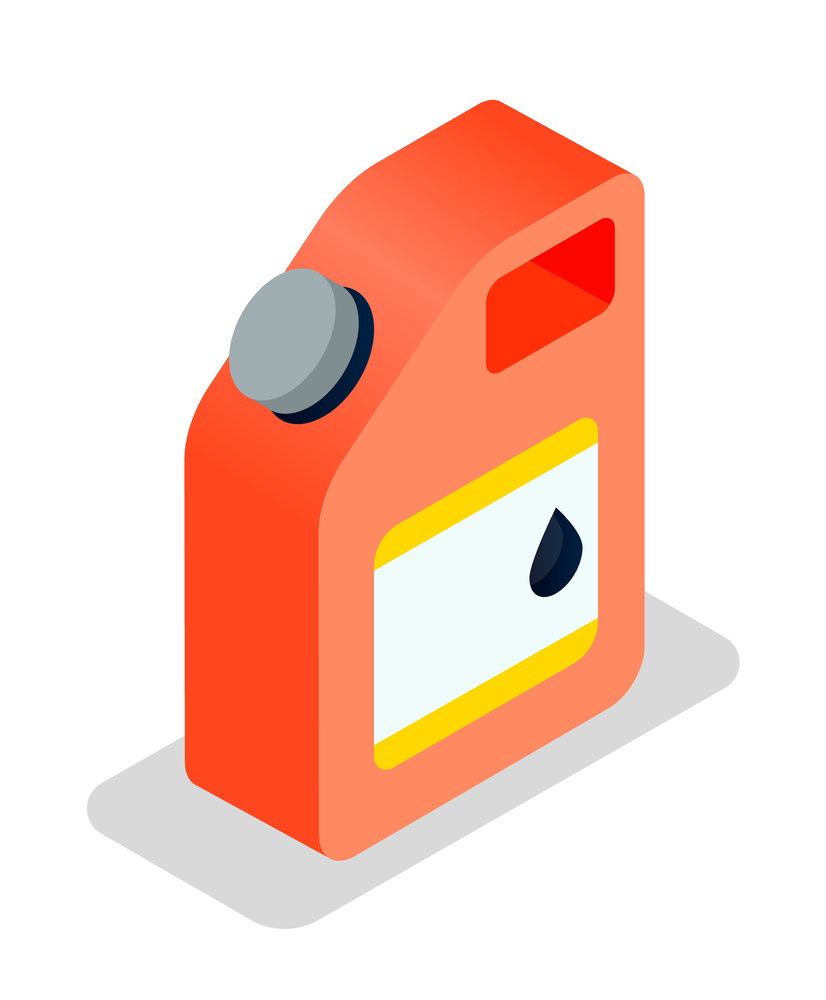 Isometric image of a red iron canister for gasoline or oil. Chemical fluid container. Chemically hazardous liquid petroleum product. Storage of combustible materials. Flat vector illustration isolated. Iron red canister for oil or gasoline. Liquid combustible product. Oil refining. Flat image