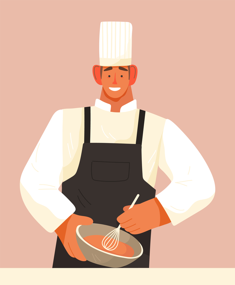 Chef man cook meal, isolated cartoon character smiling, guy mixing ingredients of products in bowl, cooking process, cafe or restaurant concept, wearing cook hat and apron, enjoy of work, hobby time. Chef man cook meal, isolated cartoon character smiling, guy mixing ingredients of products in bowl