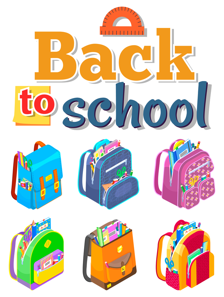 Set of colorful briefcases with a variety of stationery items. Designer colourful lettering Back to school . Education theme. Pen, pencil, protractor, eraser. Sale banner, poster, flat image. Set of colorful backpacks and Back to school lettering. Educational school theme. Vector image