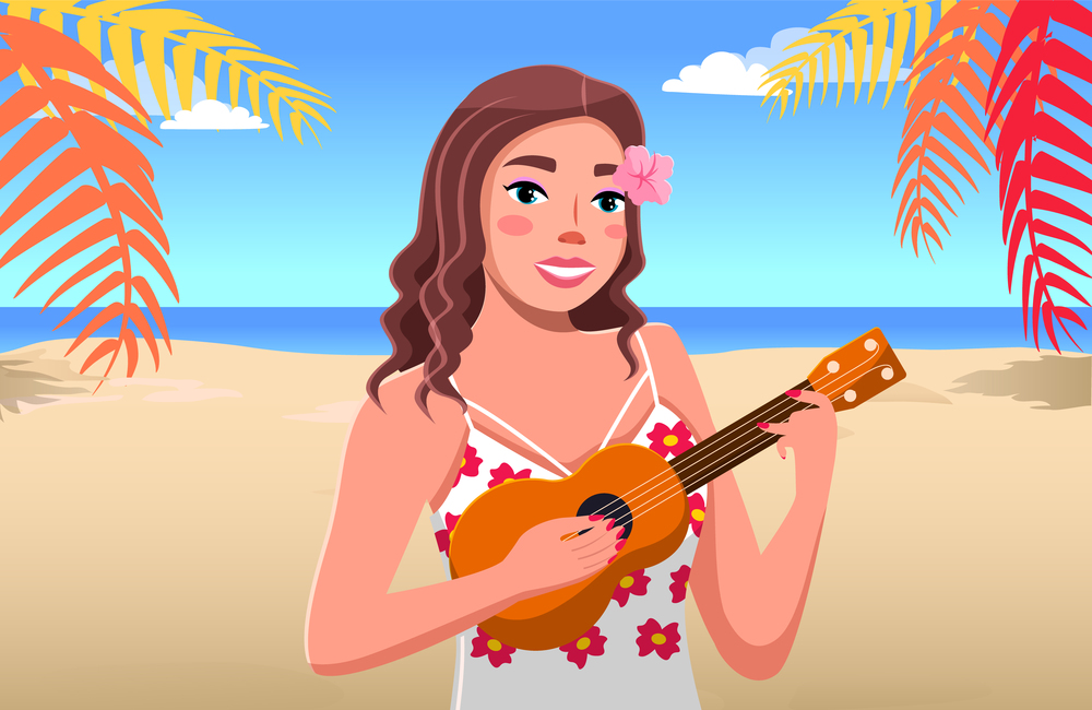 Young tanned girl plays ukulele. Sea background, sand, palm trees, ocean, clear sky. Tropical flower decoration. Traveling and tourism. Hot exotic country. Hawaiian songs and dances. Flat illustration. Young tanned girl plays the guitar. Sea, sand and sky background. Travel to tropical country