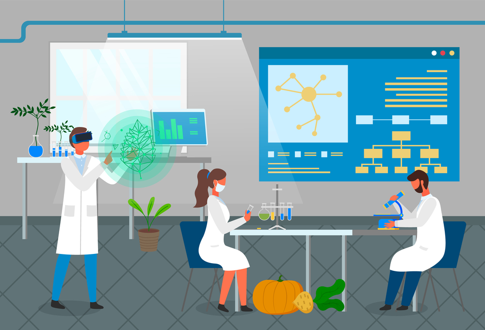 Laboratory workers exploring new methods of plant breeding and agricultural genetic of vegetables. Growing eco plants from tubes. Scientist using microscope. Virtual reality, modern technologies. Scientists exploring plant breeding, growing from tubes, using microscope, virtual reality glasses