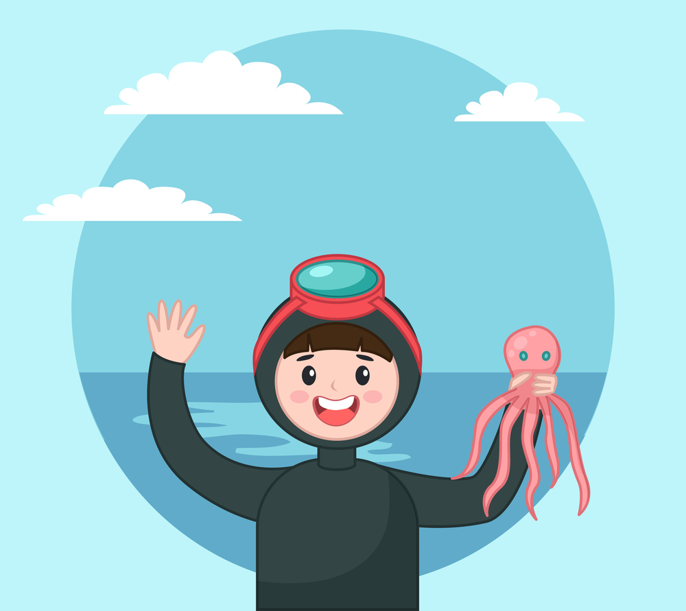 Diver isolated icon portrait of diver in diving mask holding octopus at background of sea and sky, underwater summer activity, diving tourism, man going to dive, snorkeling leisure or hobby concept. Diver isolated icon portrait of diver in diving mask holding octopus at background of sea and sky