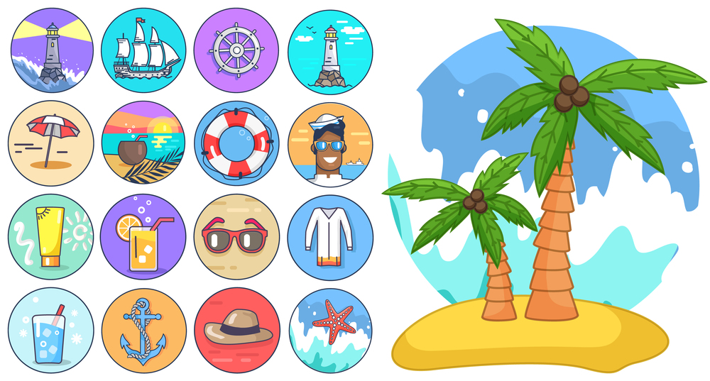 Palm tree isolated at white, cartoon style, exotic tree with coconuts at sand beach at Jeju, lighthouse, ship, helm, umbrella, exotic cocktail, lifebuoy, lemonade, sunglasses, sailor, starfish. Jeju palm tree isolated at white, cartoon style, collection of nautical or sea symbols, vector flat style