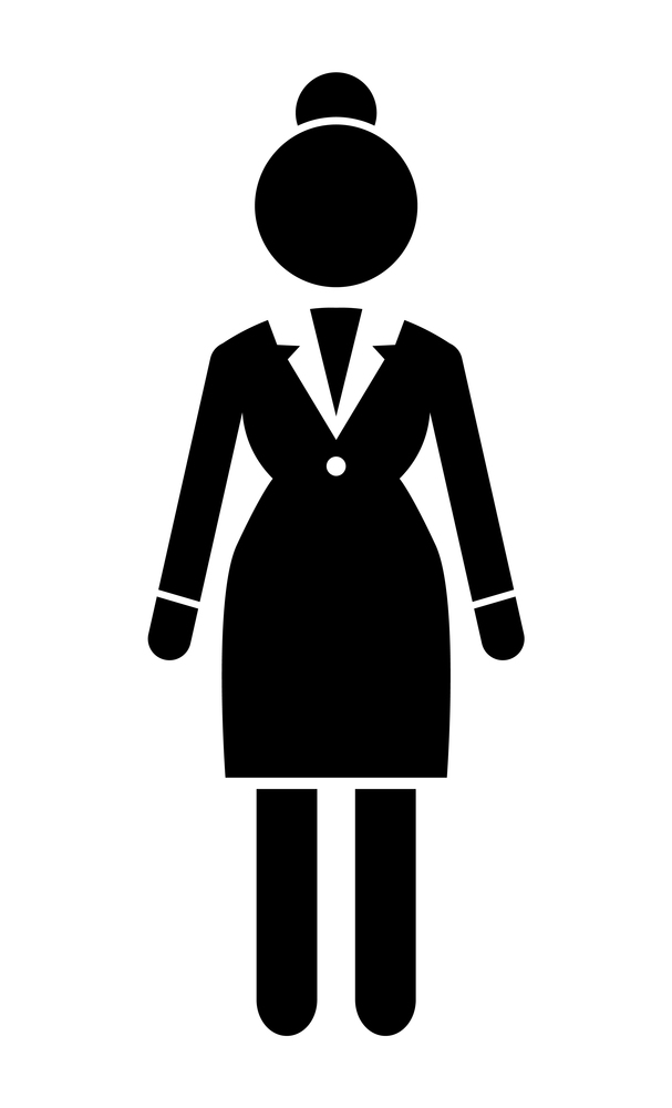 Vector business woman black silhouette. Lady dressed formally full length isolated on white background. Businesswoman wearing in dress code costume is standing straight hands down position. Vector business woman black silhouette. Lady dressed formally full length over white background