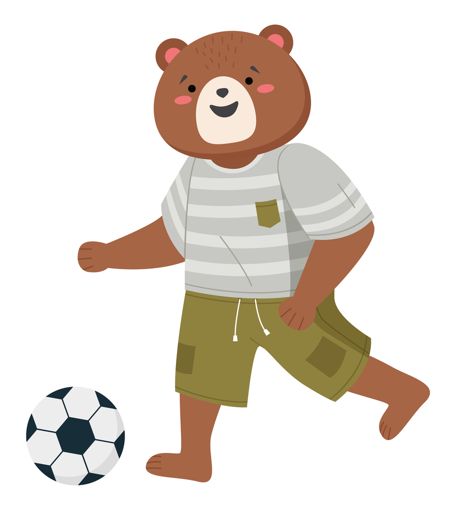 Cartoon bear with athletic suit kicking playing football, funny animal running with a soccer ball. Sporty bear dressed in shorts and t-shirt uniform plays an active game isolated on white background. Cartoon bear with athletic suit kicking playing football, funny animal running with a soccer ball