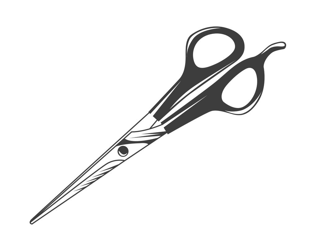 Scissors symbol isolated on white background. Opened hair cutting scissors. Barber logo icon. Tool for the work of a hairdresser or tailor. Metal cutting tool for hair or paper, sharp instrument. Scissors symbol isolated on white background. Opened hair cutting scissors. Barber logo icon