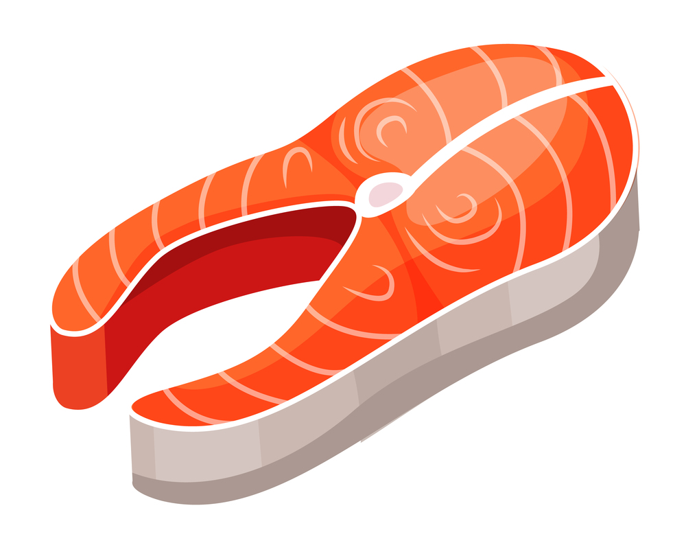 Fish steak vector. Salmon steak isolated on white background. Slice of fresh fish fillet sushi ingredient. Large fish meat delicacy. Seafood for a healthy diet. A piece of meat of red salmon fish. Fish steak vector. Salmon steak isolated on white. Slice of fresh fish fillet sushi ingredient