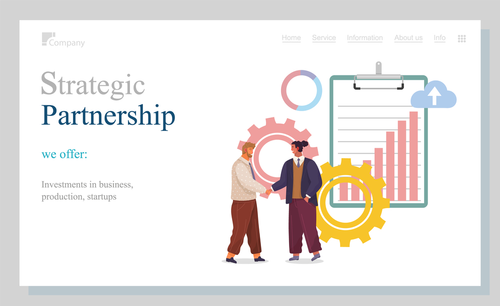 Strategic partnership of businessman characters website landing page template. Business partnership relation concept. Team working partner together pattern. Male characters shaking hands each other. Strategic partnership of businessman characters shaking hands website landing page template