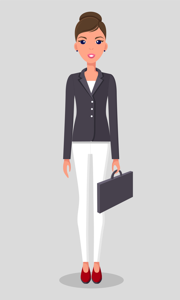 Pretty young slim woman character in business clothes. Smiling business woman standing with a briefcase in hands. Businesswoman wearing a trousers and a jacket standing straight at full height. Pretty young slim woman in business clothes. Smiling business woman standing with briefcase in hands
