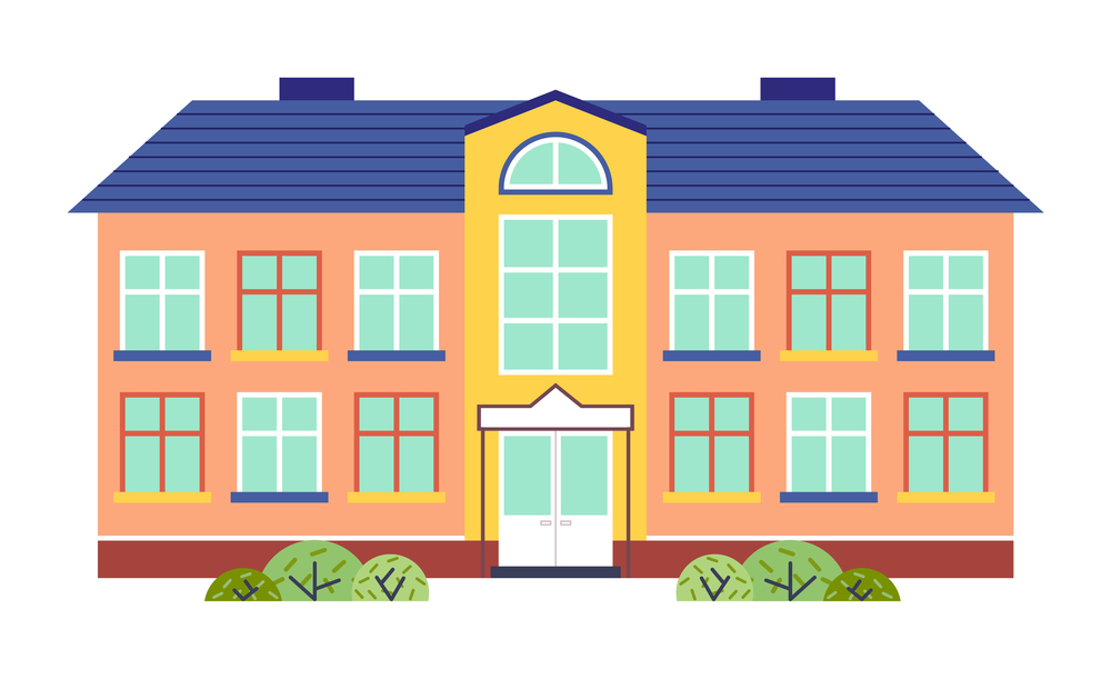 Kindergarten or school building cartoon flat style vector illustration isolated on white. Two-story building for children in bright colors with a blue roof. Modern kindergarten or junior School. Kindergarten or school building cartoon flat style vector illustration isolated on white background