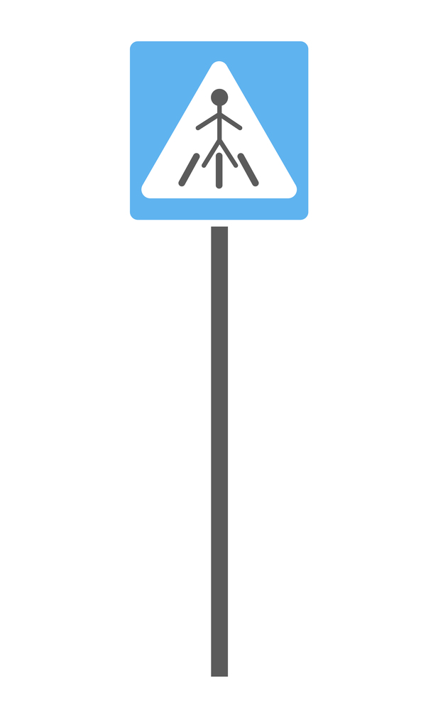 Crosswalk road sign isolated on white. Traffic sign pedestrian srossing vector illustration. Road sign black silhouette of a walking man on a striped zebra crossing. Sign for a road crossing. Crosswalk road sign isolated on white. Traffic sign pedestrian srossing vector illustration