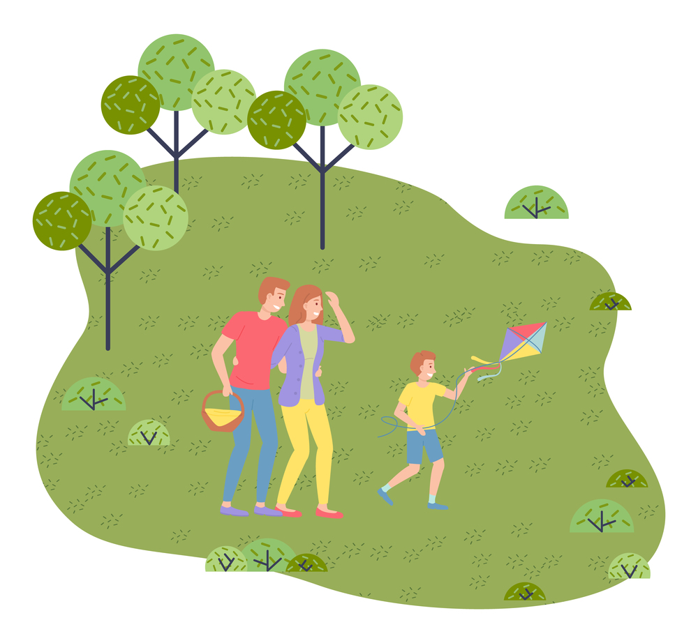 Family weekend with parents and child walking in the park cartoon vector illustration. Fun family walking, rest at nature on the vacation. Dad carries a basket of picnic products, boy launches a kite. Family weekend concept with parents and child walking in the park cartoon vector illustration