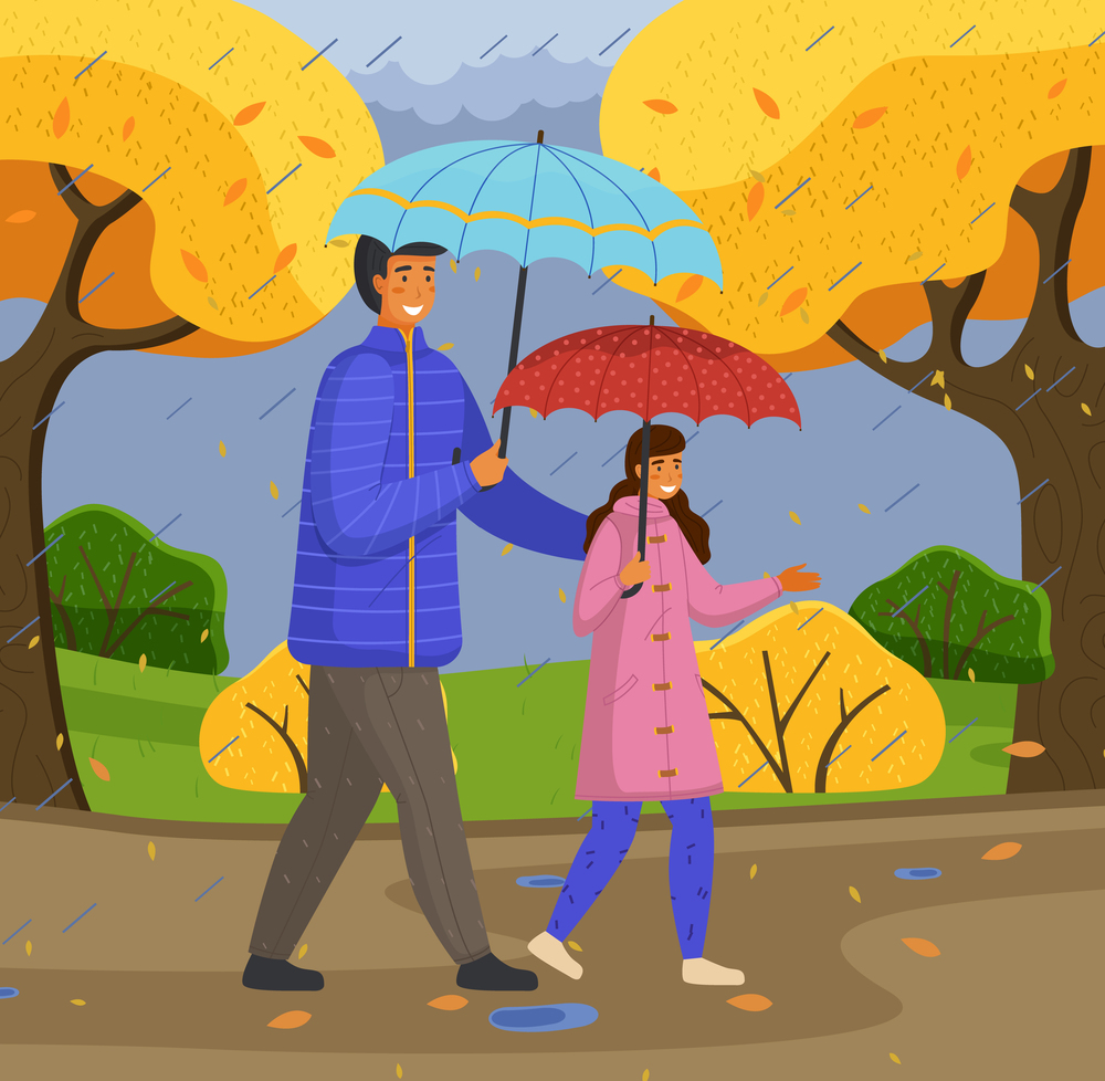 Father and daughter spend time together on a rainy october day move down the street past yellow trees. Family walking in the rain with umbrella and wearing raincoats in the city park in autumn season.. Father and daughter spend time together on rainy october day move down the street past yellow trees