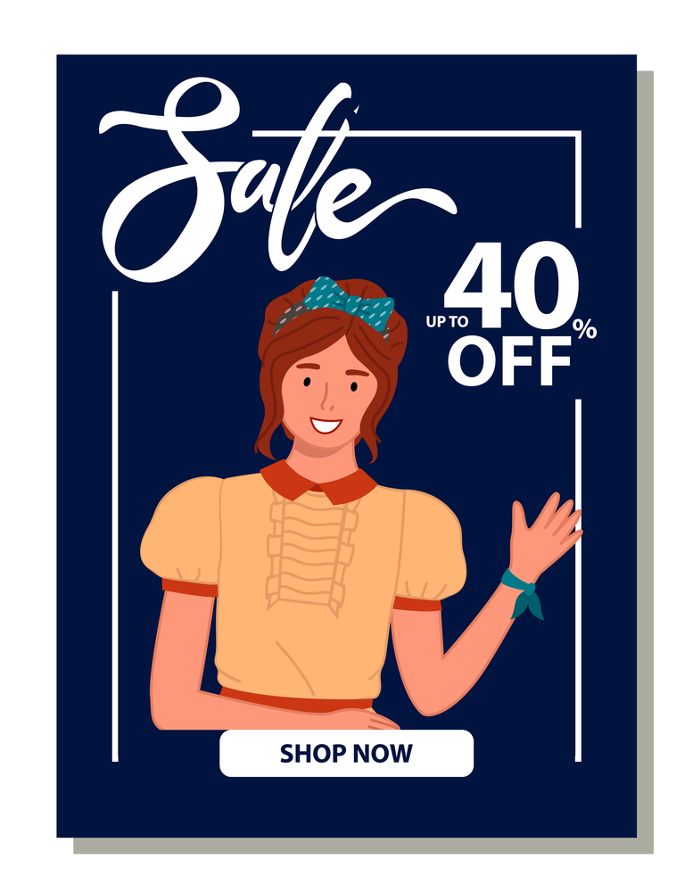 Sale banner with beautiful woman makes a welcome gesture with her hand. Discount poster template. Big sale special offer. End of season special proposition banner vector illustration flat style. Sale banner with beautiful woman makes a welcome gesture with her hand. Discount poster template