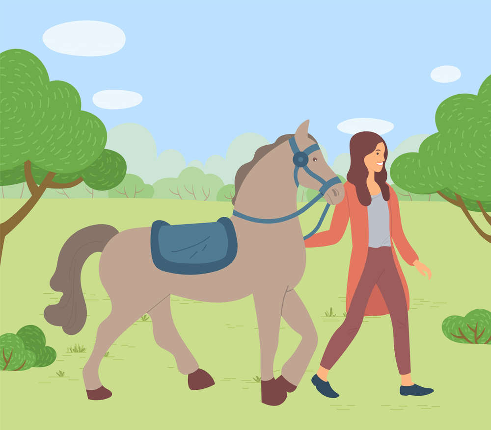 Woman walking with horse in park, summertime. Smiling female rider going with stallion outdoor, woman and farm animal on ranch. Girl walking with horse with saddle and rein, engaging horseback riding. Woman walking with horse in park, summertime. Smiling female rider going with stallion outdoor