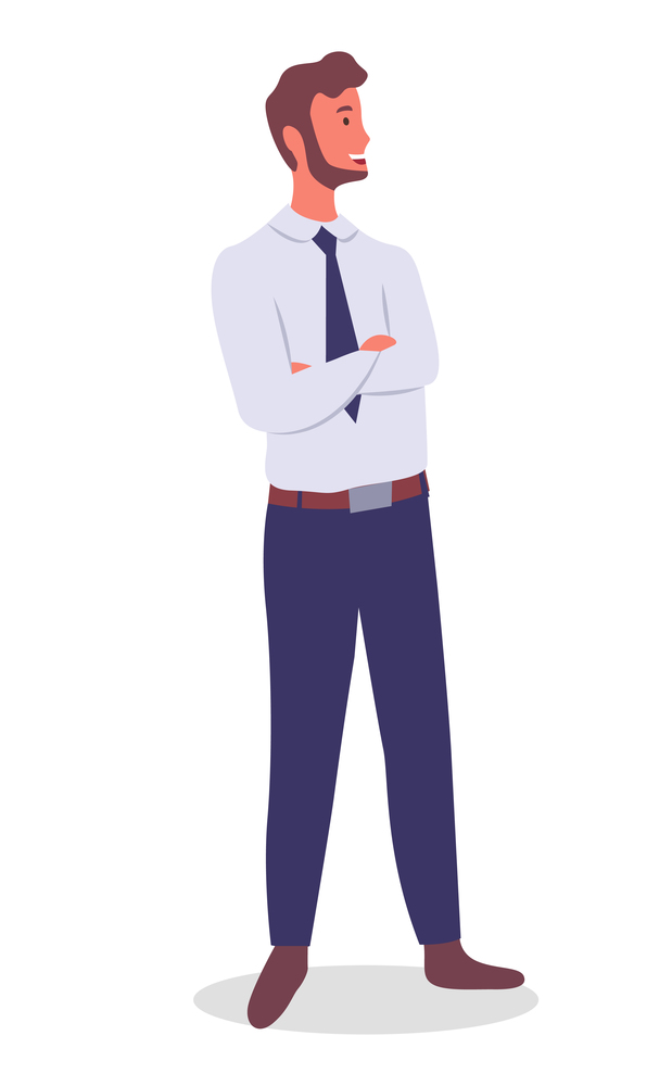 Smiling man young businessman dressed in shirt and tie standing crossed his arms over his chest at full height on white. Businessperson male character in formal clothes office worker or employee. Smiling man young businessman dressed in shirt and tie standing crossed his arms over his chest