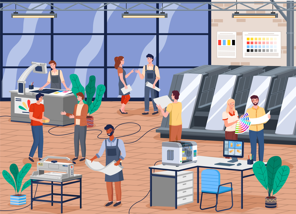 Printing house different equipment. Printer plotter, offset cutting machines and people workers. Industrial polygraphy isometric vector icons with man and woman at their workplaces in typography. Industrial polygraphy, print house with man and woman at their workplaces in typography equipment